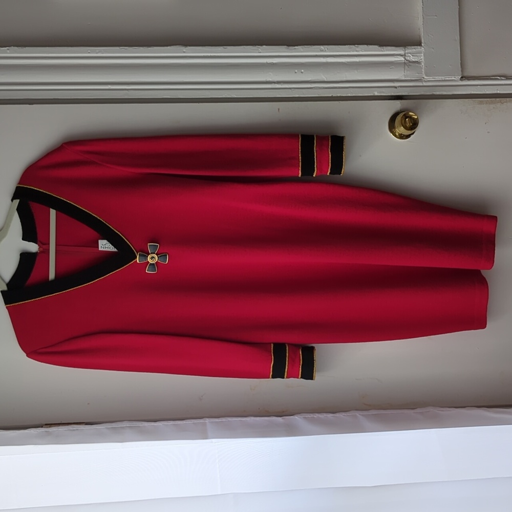 Vintage designer St. John cherry red sweater dress size 10, gold black accents